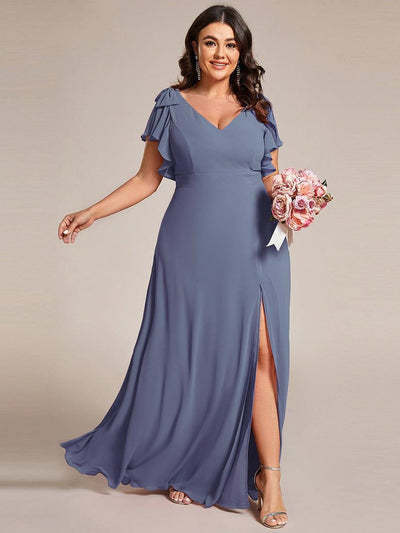Plus Size Double V-Neck High Split Bridesmaid Dress with Ribbon Bow #color_Dusty Blue