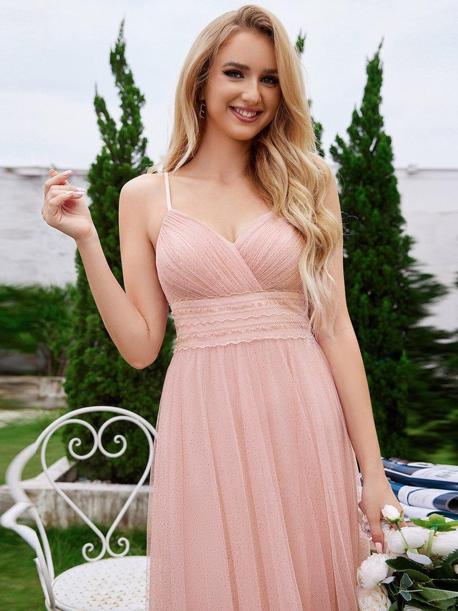 High Slit and Lace Pearl Waist Sleeveless Bridesmaid Dress with Pleated #color_Pink