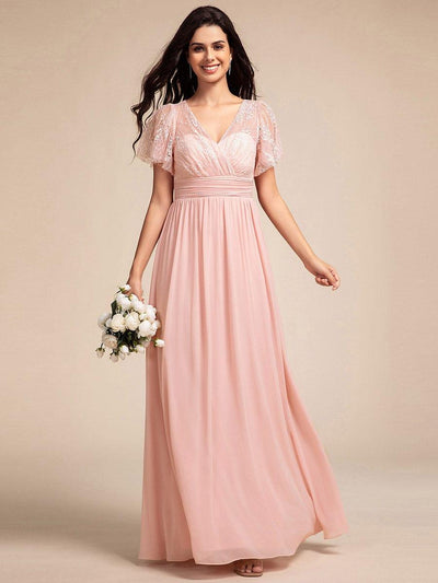 Lace Pleated Chiffon A-line Bridesmaid Dress with Backless Detail #color_Pink