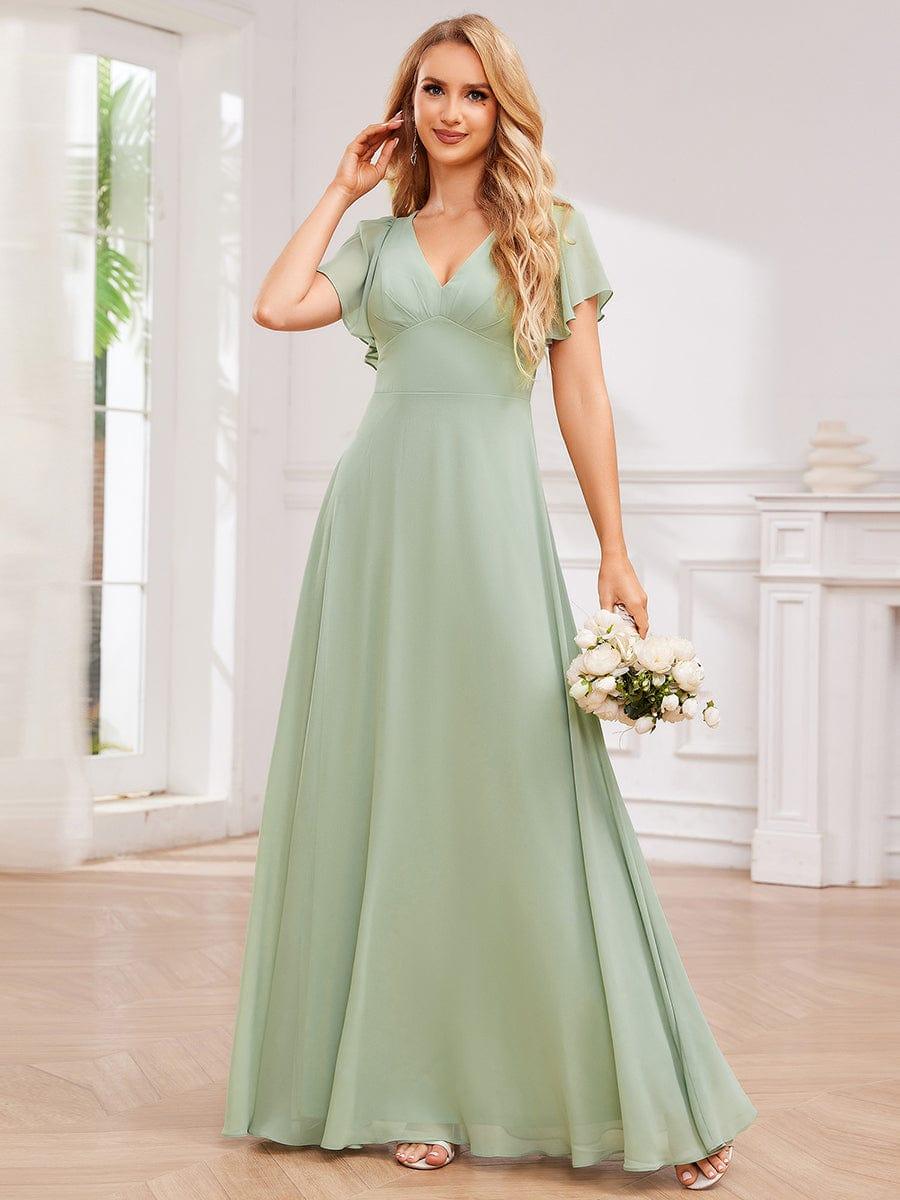 Cross-Tie Back Chiffon A-Line Pleated Bridesmaid Dress with V-Neck #color_Mint Green