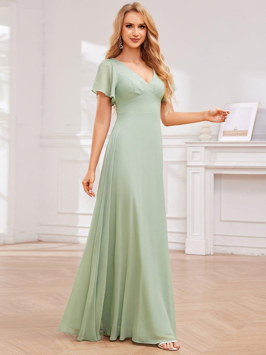 Cross-Tie Back Chiffon A-Line Pleated Bridesmaid Dress with V-Neck #color_Mint Green