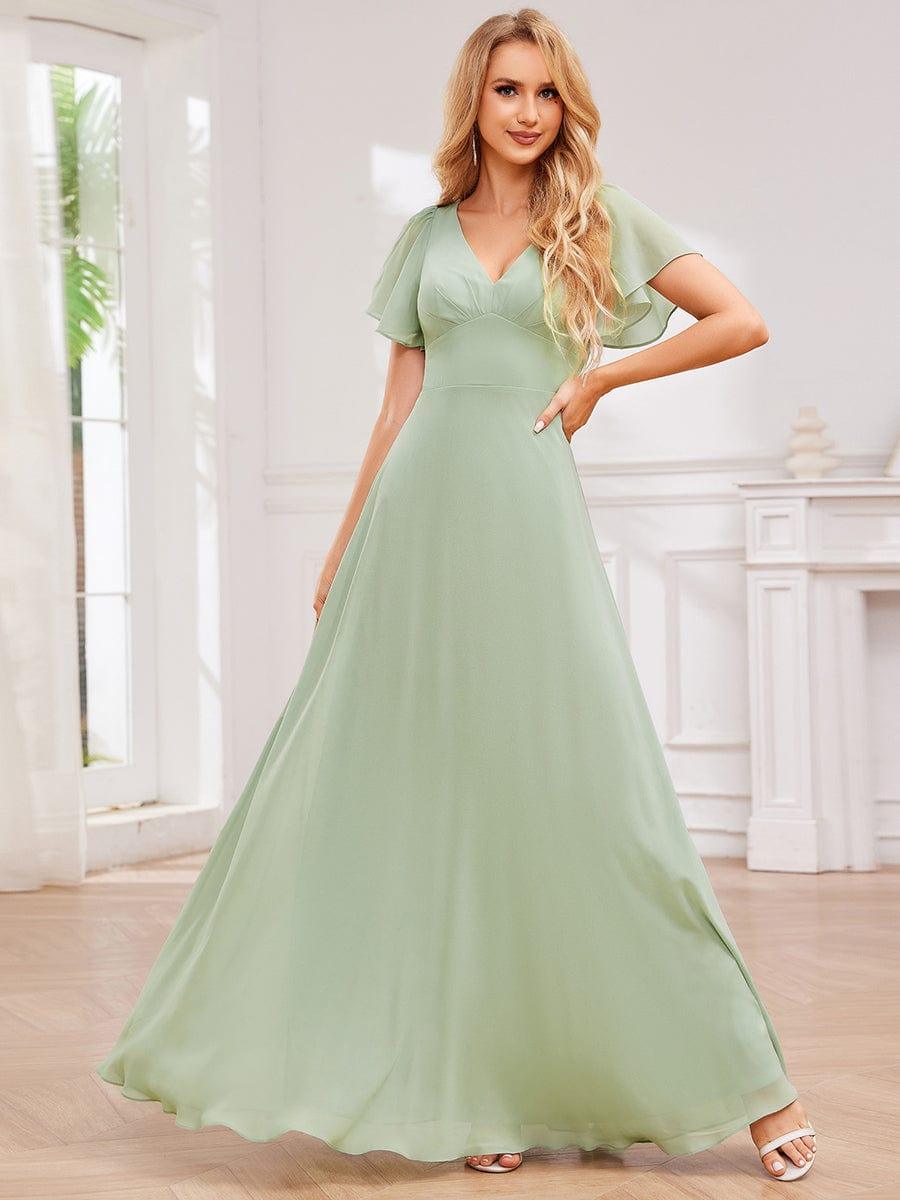 Cross-Tie Back Chiffon A-Line Pleated Bridesmaid Dress with V-Neck #color_Mint Green