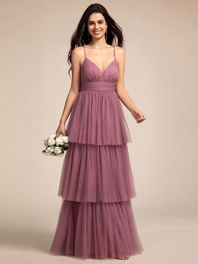 Spaghetti Strap Tiered Tulle Maxi Bridesmaid Dress with Pleats #color_Purple Orchid
