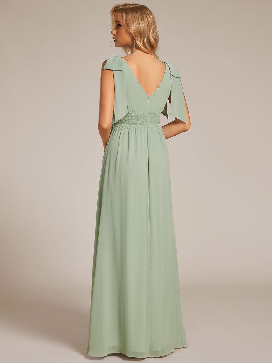 V-neck Empire Waist Chiffon Maxi Bridesmaid Dress with Bow Straps & Side Slit #color_Mint Green