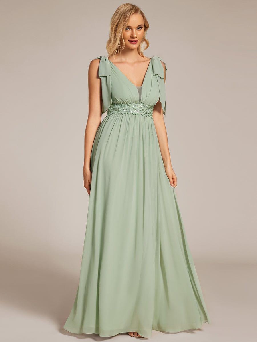 V-neck Empire Waist Chiffon Maxi Bridesmaid Dress with Bow Straps & Side Slit #color_Mint Green