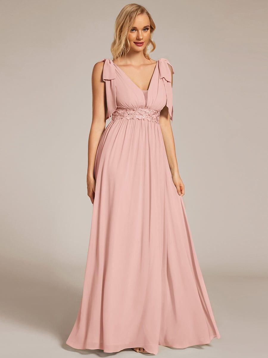 V-neck Empire Waist Chiffon Maxi Bridesmaid Dress with Bow Straps & Side Slit #color_Pink