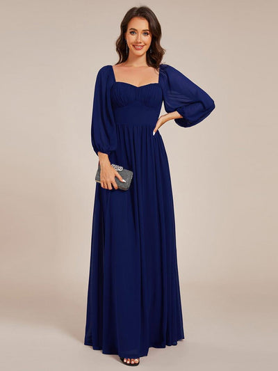 Sweetheart Neck Long Sleeve Pleated Chiffon Maxi Bridesmaid Dress #color_Navy Blue
