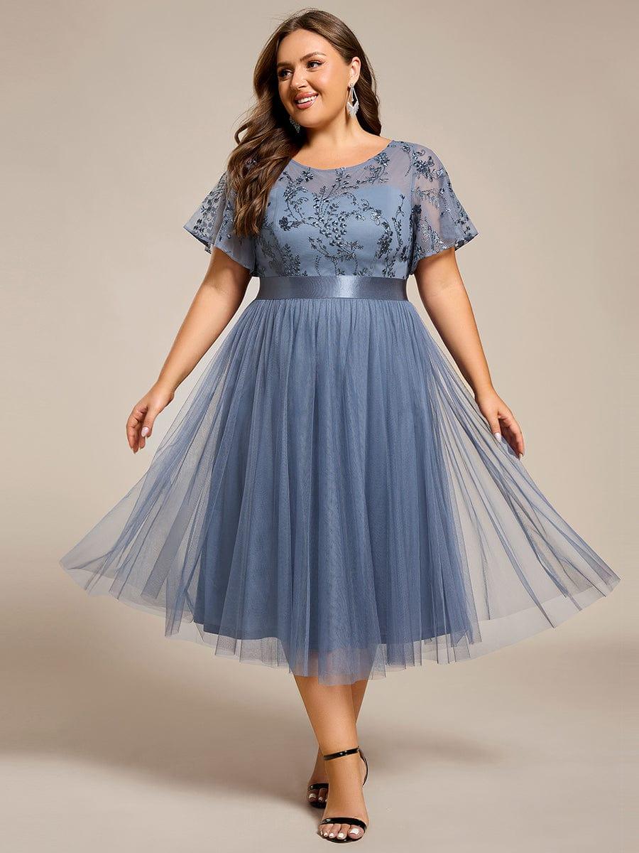 Round Neck Embellished Midi Tulle Bridesmaid Dress #color_Dusty Blue