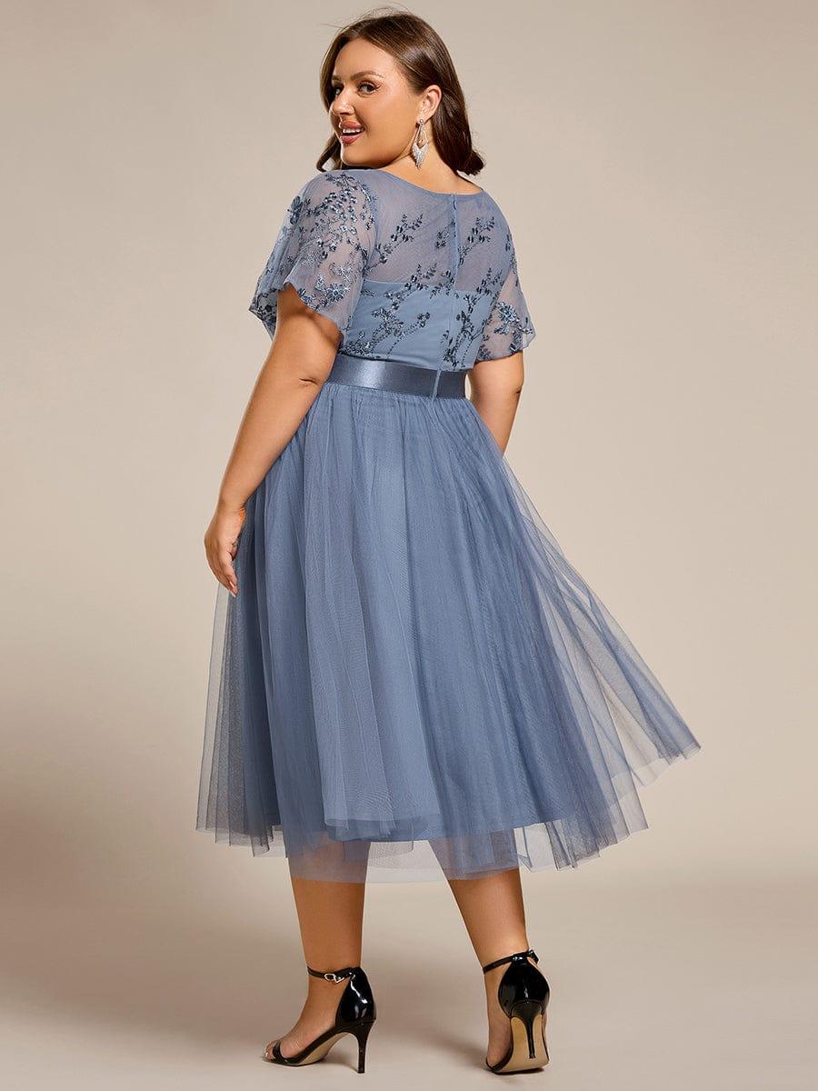 Round Neck Embellished Midi Tulle Bridesmaid Dress #color_Dusty Blue