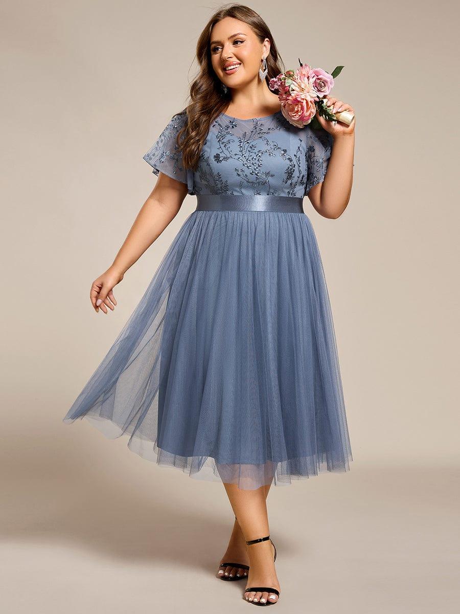 Round Neck Embellished Midi Tulle Bridesmaid Dress #color_Dusty Blue