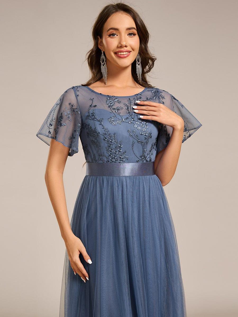 Round Neck Embellished Midi Tulle Bridesmaid Dress #color_Dusty Blue