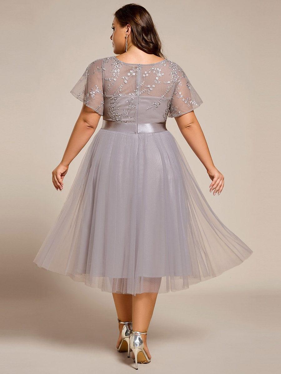 Round Neck Embellished Midi Tulle Bridesmaid Dress #color_Grey