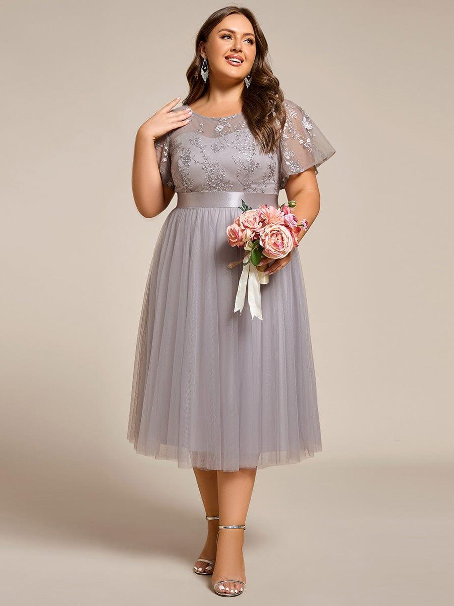 Round Neck Embellished Midi Tulle Bridesmaid Dress #color_Grey