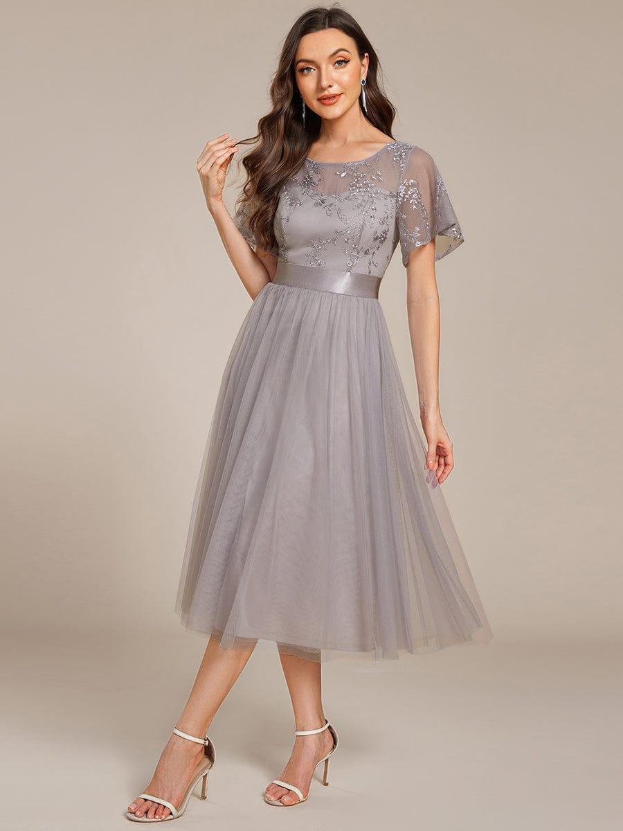 Round Neck Embellished Midi Tulle Bridesmaid Dress #color_Grey