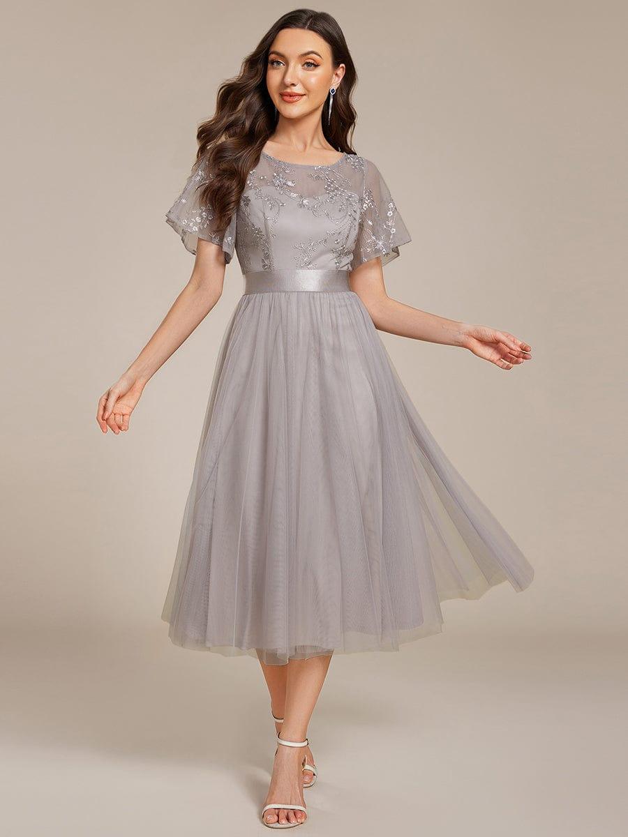 Round Neck Embellished Midi Tulle Bridesmaid Dress #color_Grey