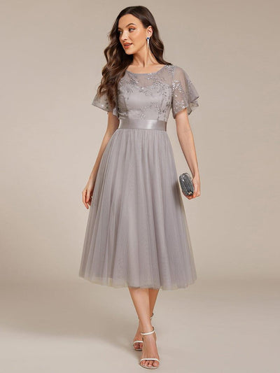 Round Neck Embellished Midi Tulle Wedding Guest Dress #color_Grey