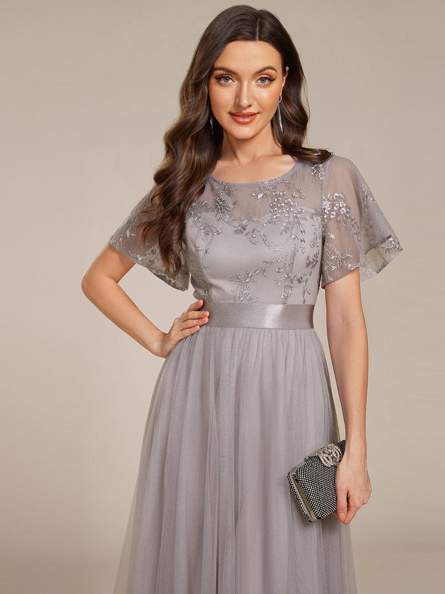 Round Neck Embellished Midi Tulle Bridesmaid Dress #color_Grey