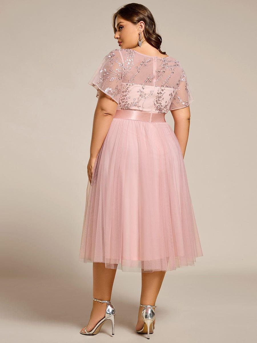 Round Neck Embellished Midi Tulle Bridesmaid Dress #color_Pink