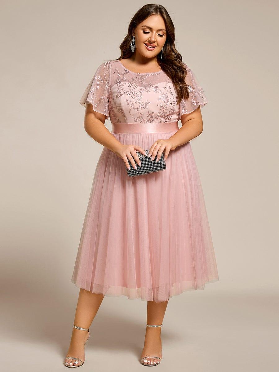 Round Neck Embellished Midi Tulle Bridesmaid Dress #color_Pink