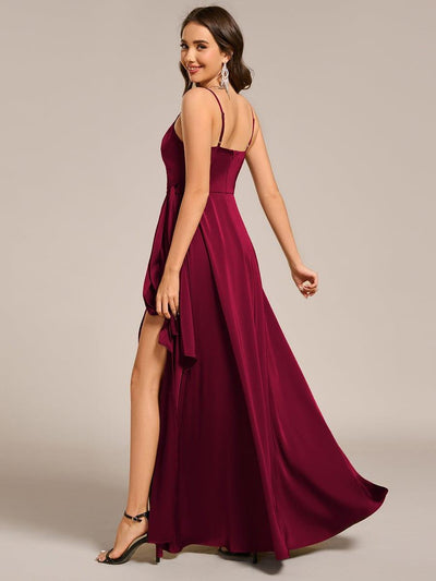 Wrap-Style Maxi Spaghetti Strap Satin Evening Dress #color_Burgundy