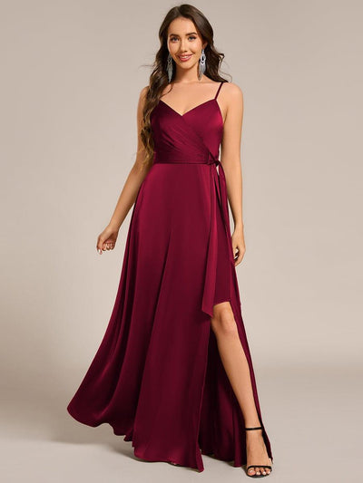 Wrap-Style Maxi Spaghetti Strap Satin Evening Dress #color_Burgundy