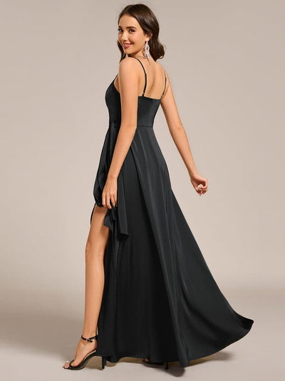 Wrap-Style Maxi Spaghetti Strap Satin Bridesmaid Dress #color_Black