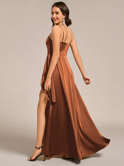Wrap-Style Maxi Spaghetti Strap Satin Evening Dress #color_Brown