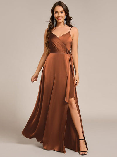 Wrap-Style Maxi Spaghetti Strap Satin Evening Dress #color_Brown