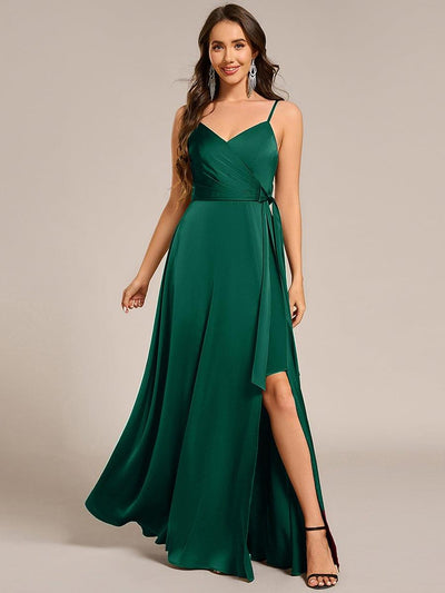 Wrap-Style Maxi Spaghetti Strap Satin Bridesmaid Dress #color_Dark Green