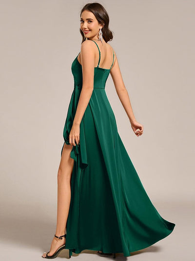 Wrap-Style Maxi Spaghetti Strap Satin Evening Dress #color_Dark Green