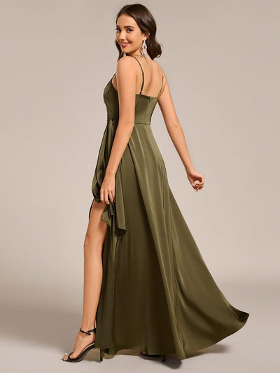 Wrap-Style Maxi Spaghetti Strap Satin Evening Dress #color_Olive Green