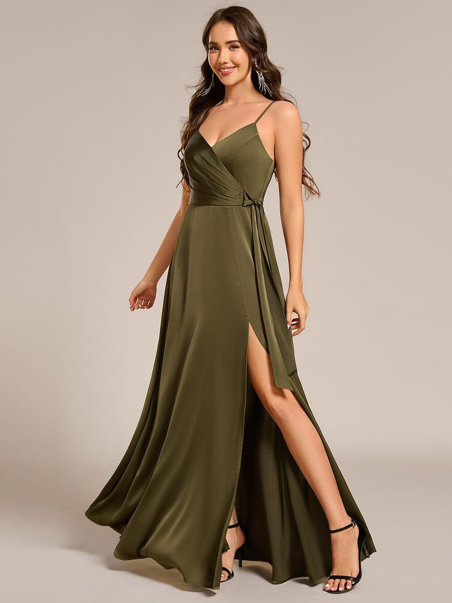 Wrap-Style Maxi Spaghetti Strap Satin Evening Dress #color_Olive Green
