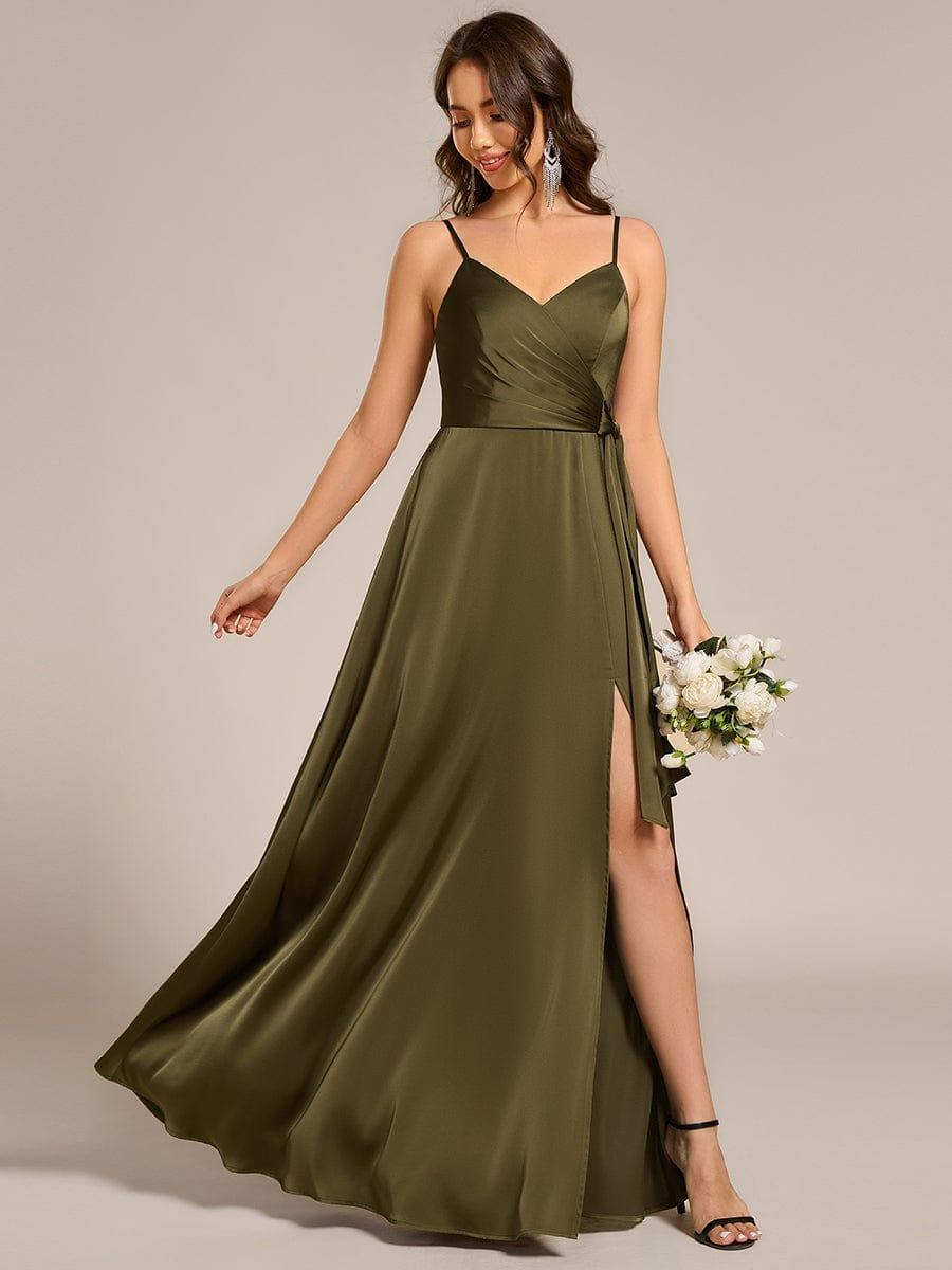Wrap-Style Maxi Spaghetti Strap Satin Evening Dress #color_Olive Green