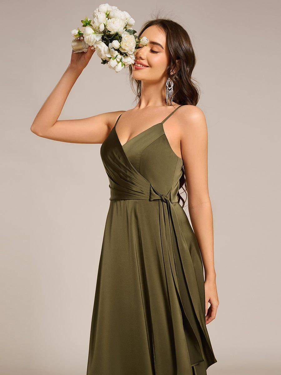Wrap-Style Maxi Spaghetti Strap Satin Evening Dress #color_Olive Green