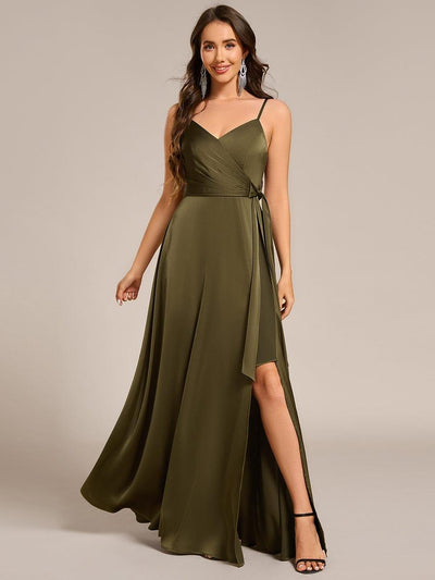 Wrap-Style Maxi Spaghetti Strap Satin Evening Dress #color_Olive Green