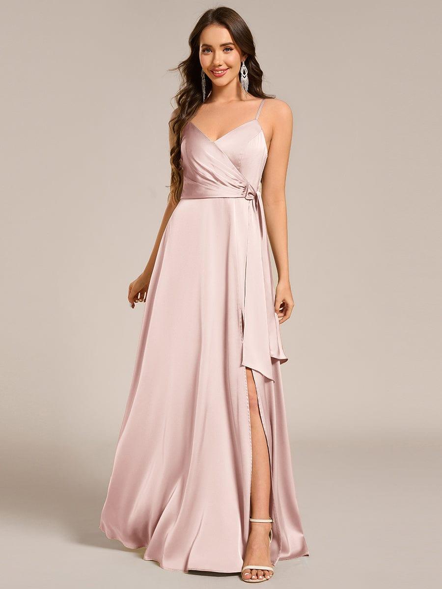 Wrap-Style Maxi Spaghetti Strap Satin Bridesmaid Dress #color_Pink