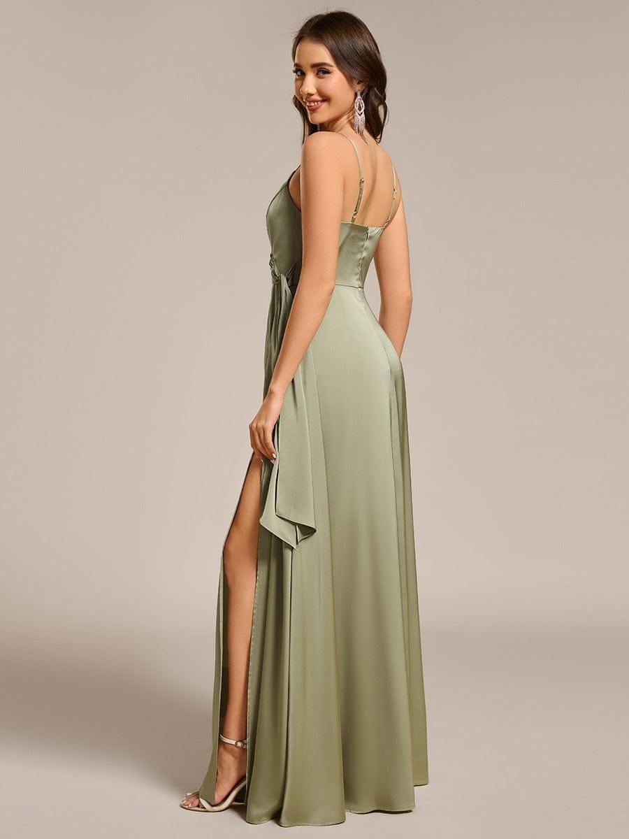 Wrap-Style Maxi Spaghetti Strap Satin Evening Dress #color_Sage Green