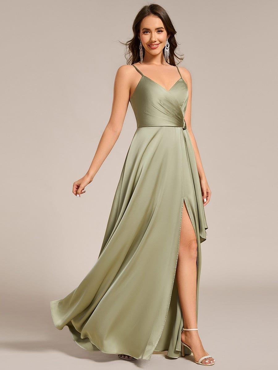 Wrap-Style Maxi Spaghetti Strap Satin Evening Dress #color_Sage Green