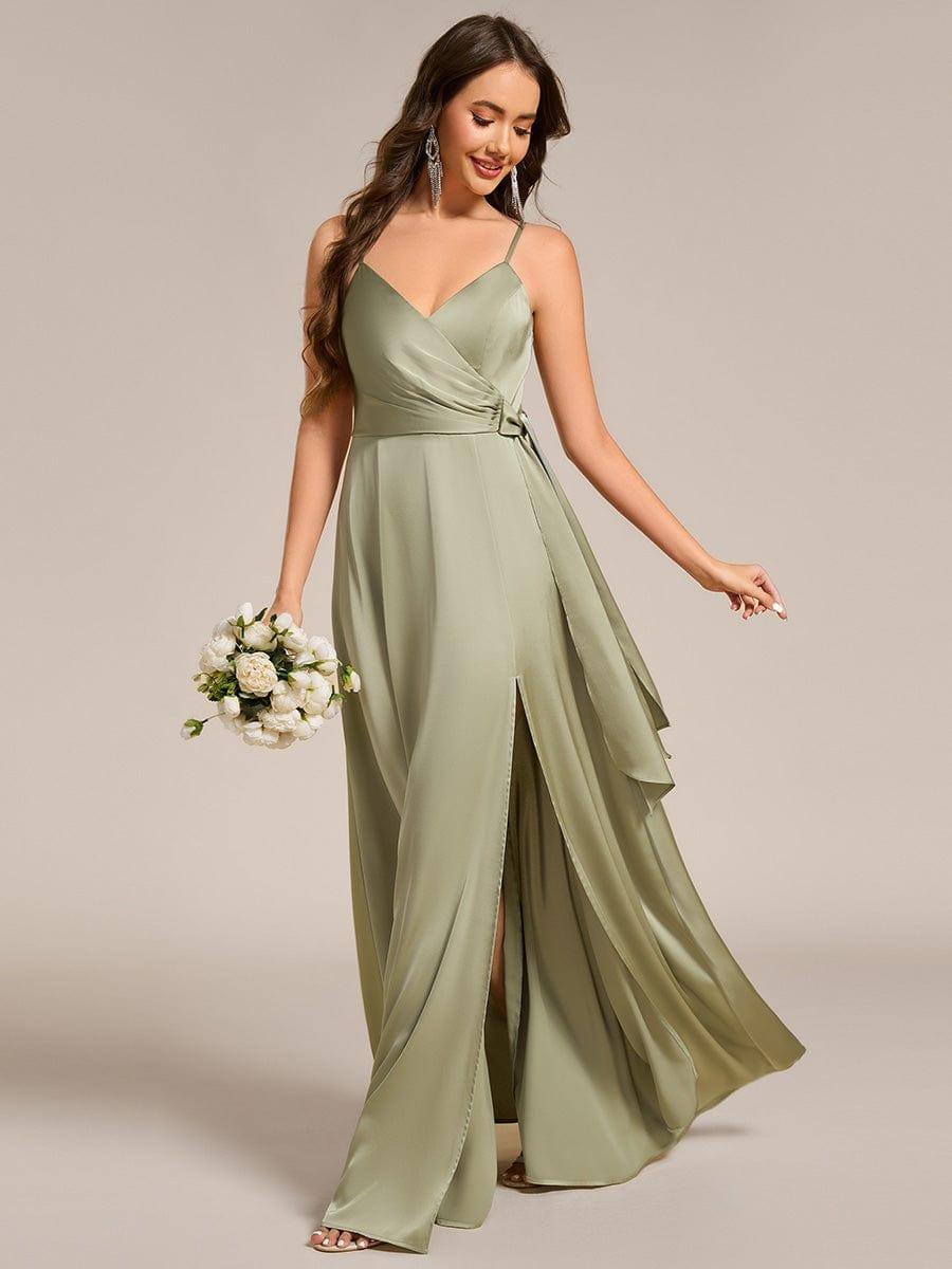 Wrap-Style Maxi Spaghetti Strap Satin Evening Dress #color_Sage Green