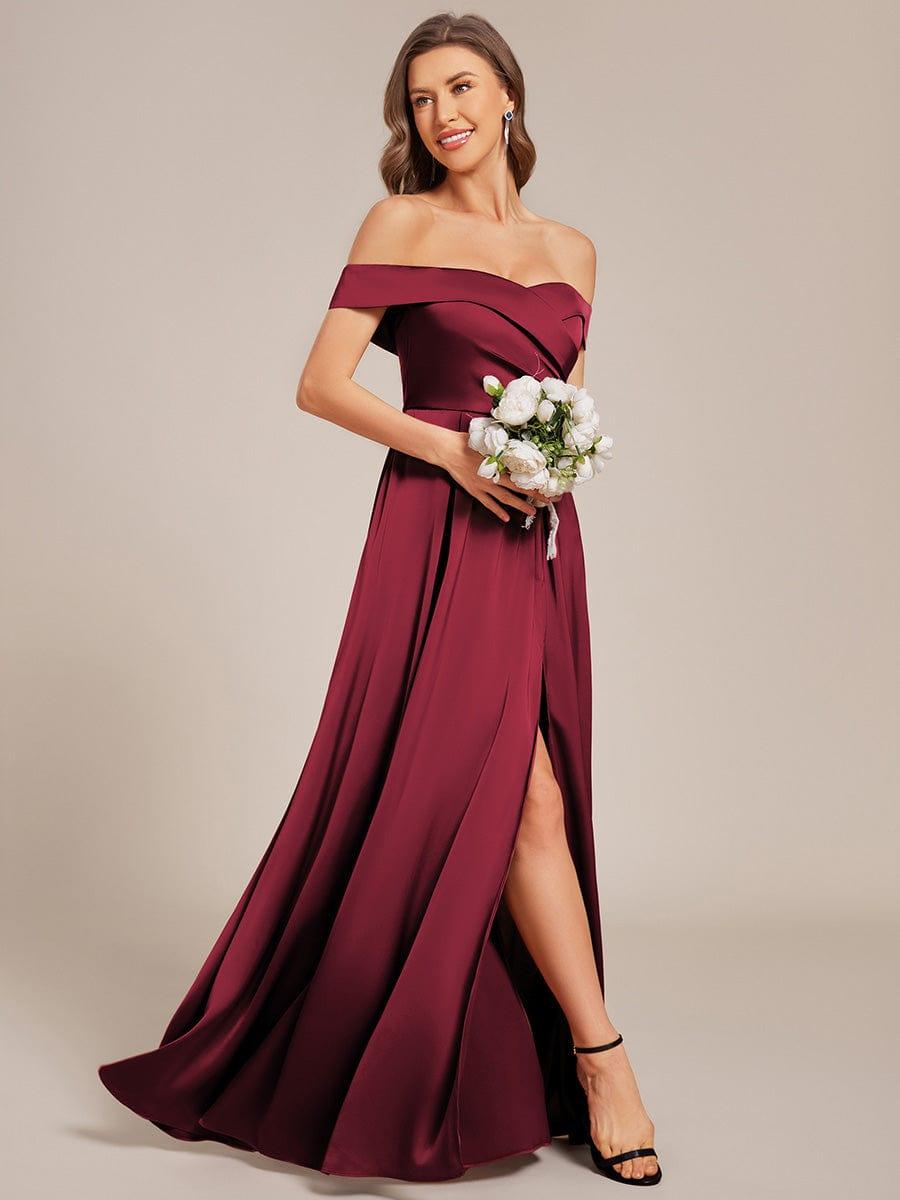 Off Shoulder Ruched Lace-up Back Satin Bridesmaid Dress #color_Burgundy