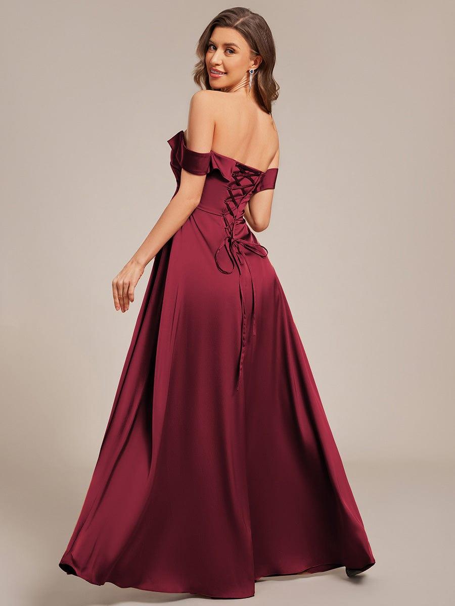 Off Shoulder Ruched Lace-up Back Satin Bridesmaid Dress #color_Burgundy