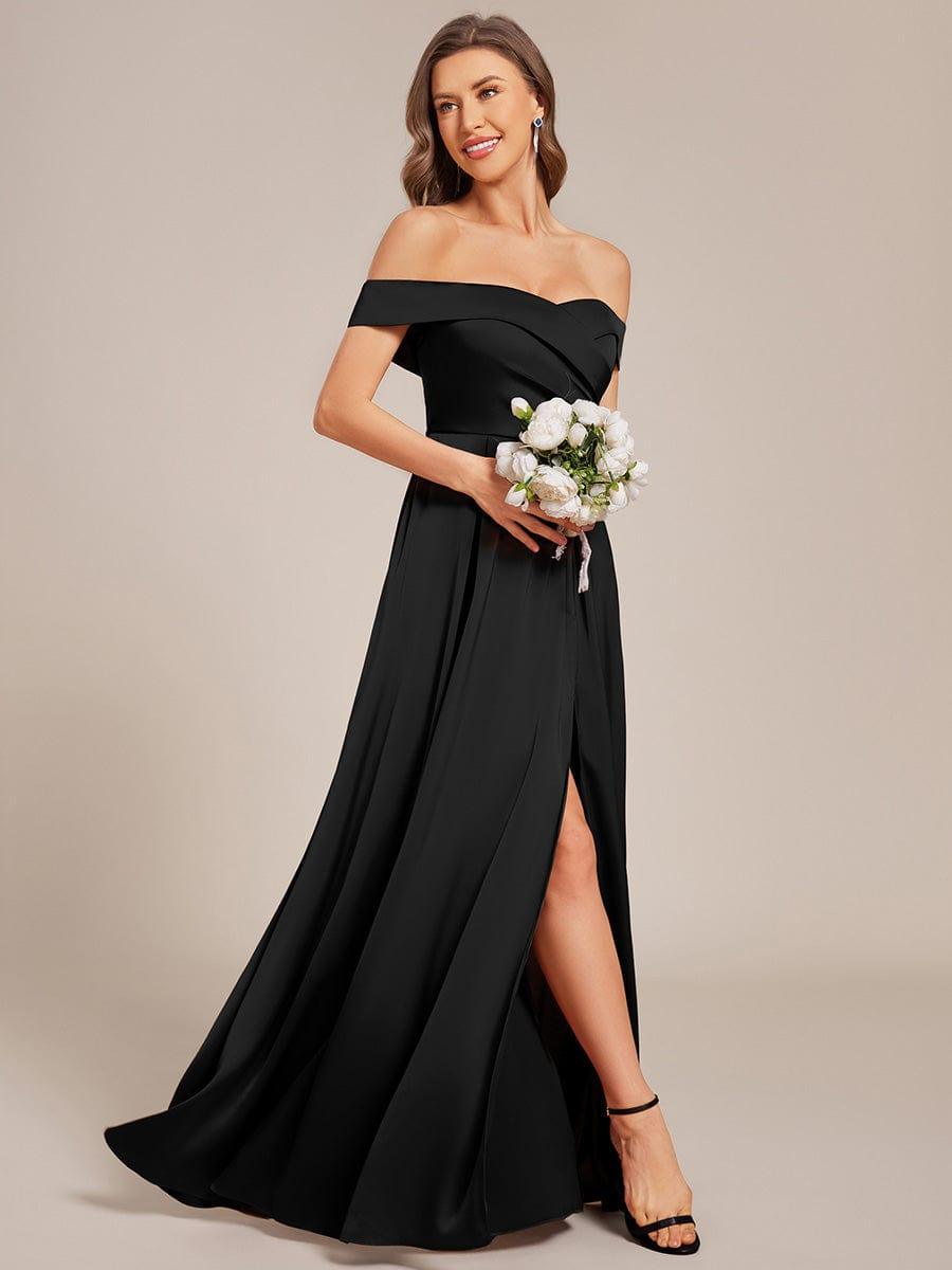 Off Shoulder Ruched Lace-up Back Satin Bridesmaid Dress #color_Black