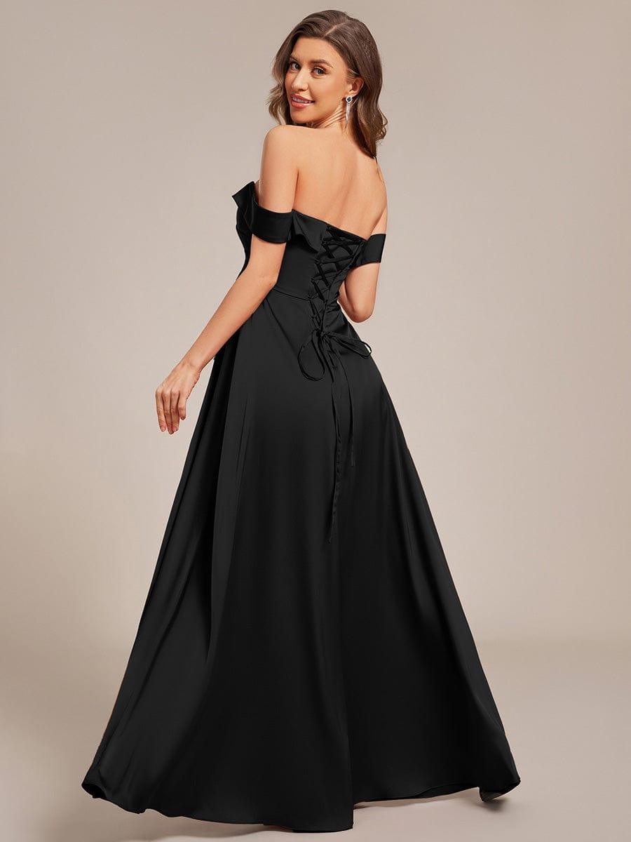 Off Shoulder Ruched Lace-up Back Satin Bridesmaid Dress #color_Black