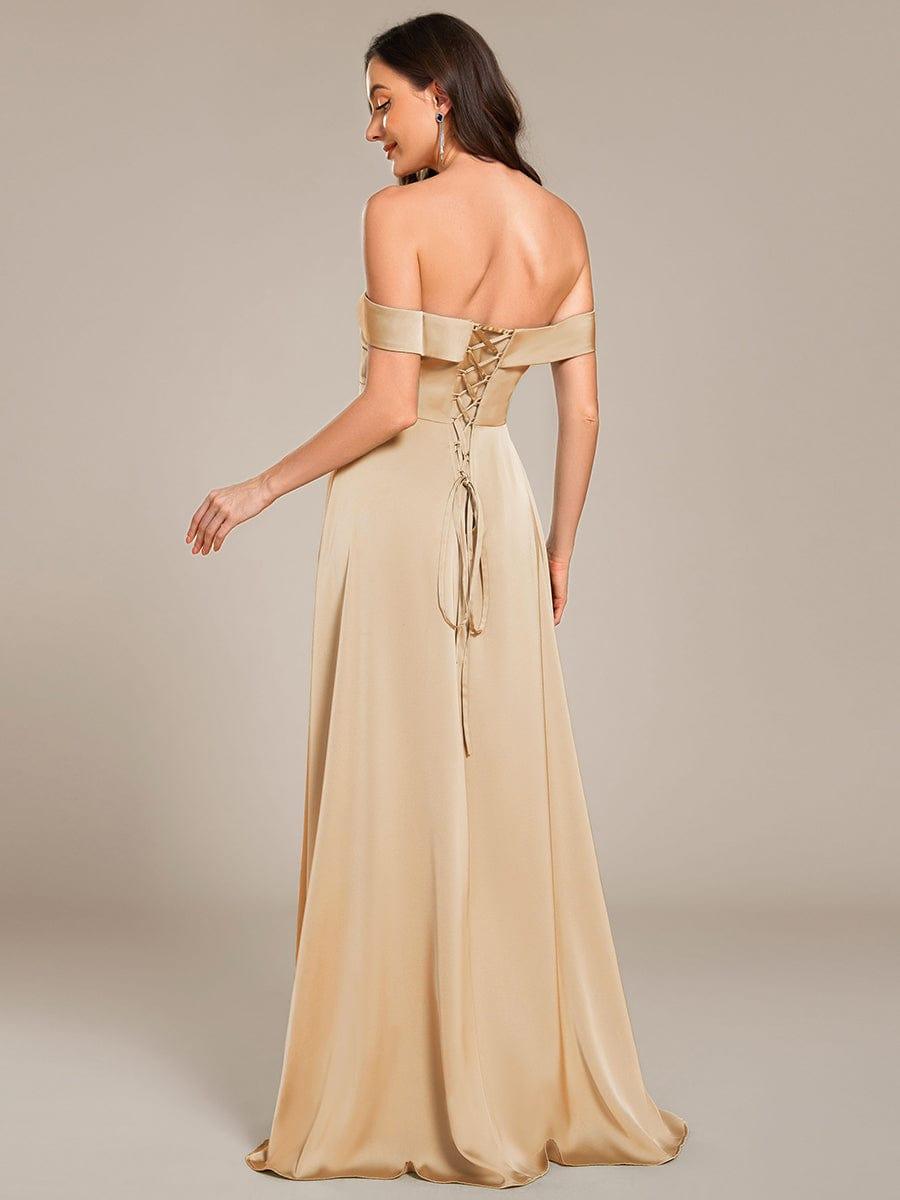 Off Shoulder Ruched Lace-up Back Satin Bridesmaid Dress #color_Champagne