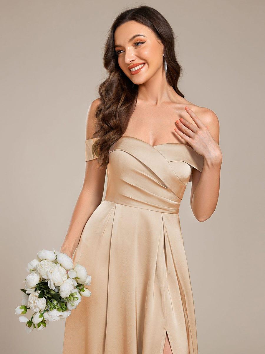 Off Shoulder Ruched Lace-up Back Satin Bridesmaid Dress #color_Champagne