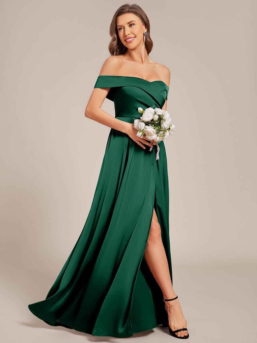 Off Shoulder Ruched Lace-up Back Satin Bridesmaid Dress #color_Dark Green