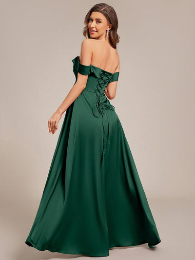 Off Shoulder Ruched Lace-up Back Satin Bridesmaid Dress #color_Dark Green