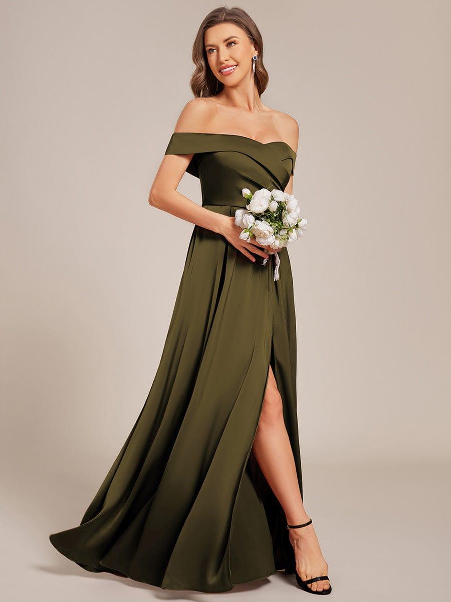 Off Shoulder Ruched Lace-up Back Satin Bridesmaid Dress #color_Olive Green