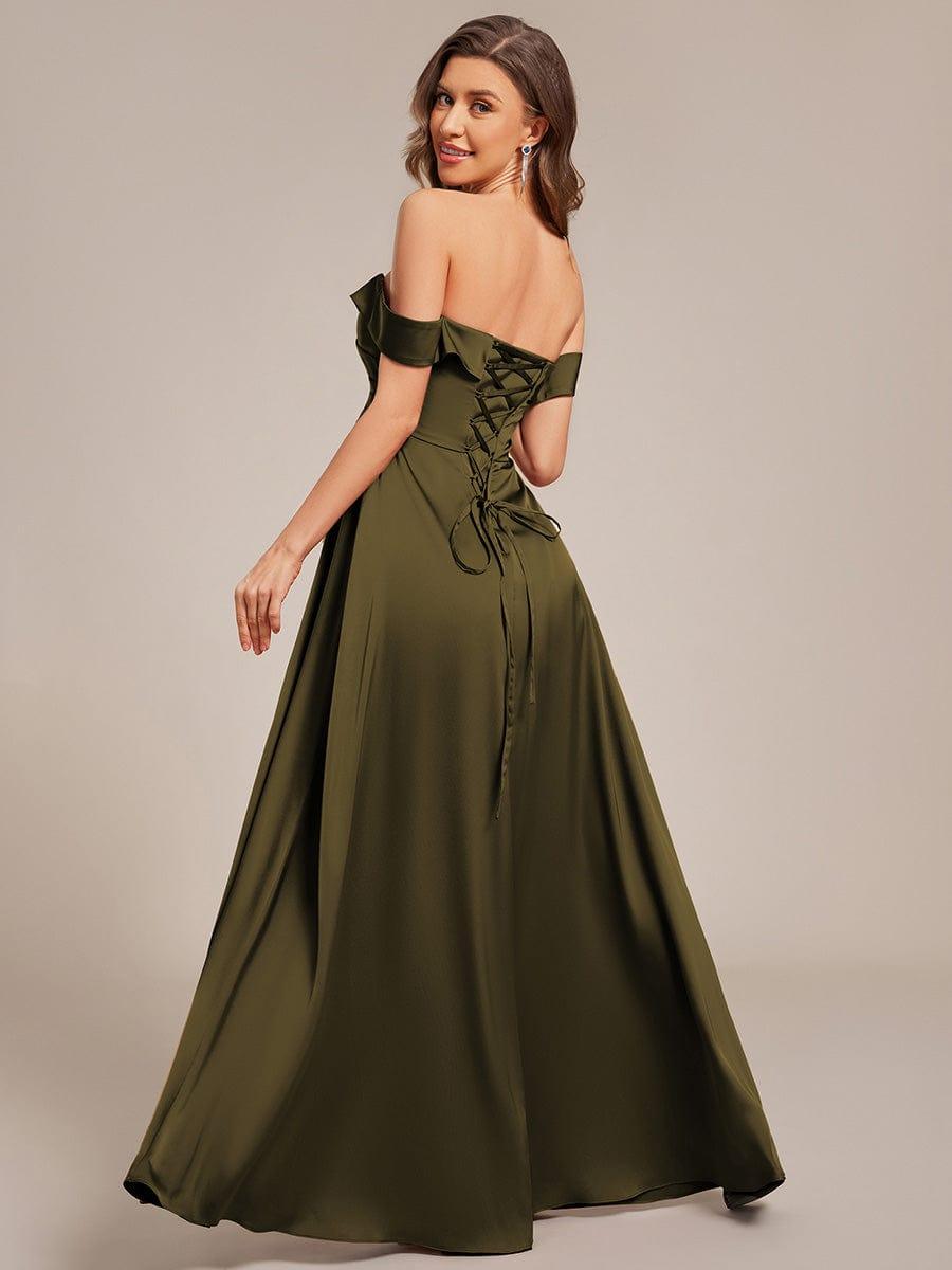 Off Shoulder Ruched Lace-up Back Satin Bridesmaid Dress #color_Olive Green