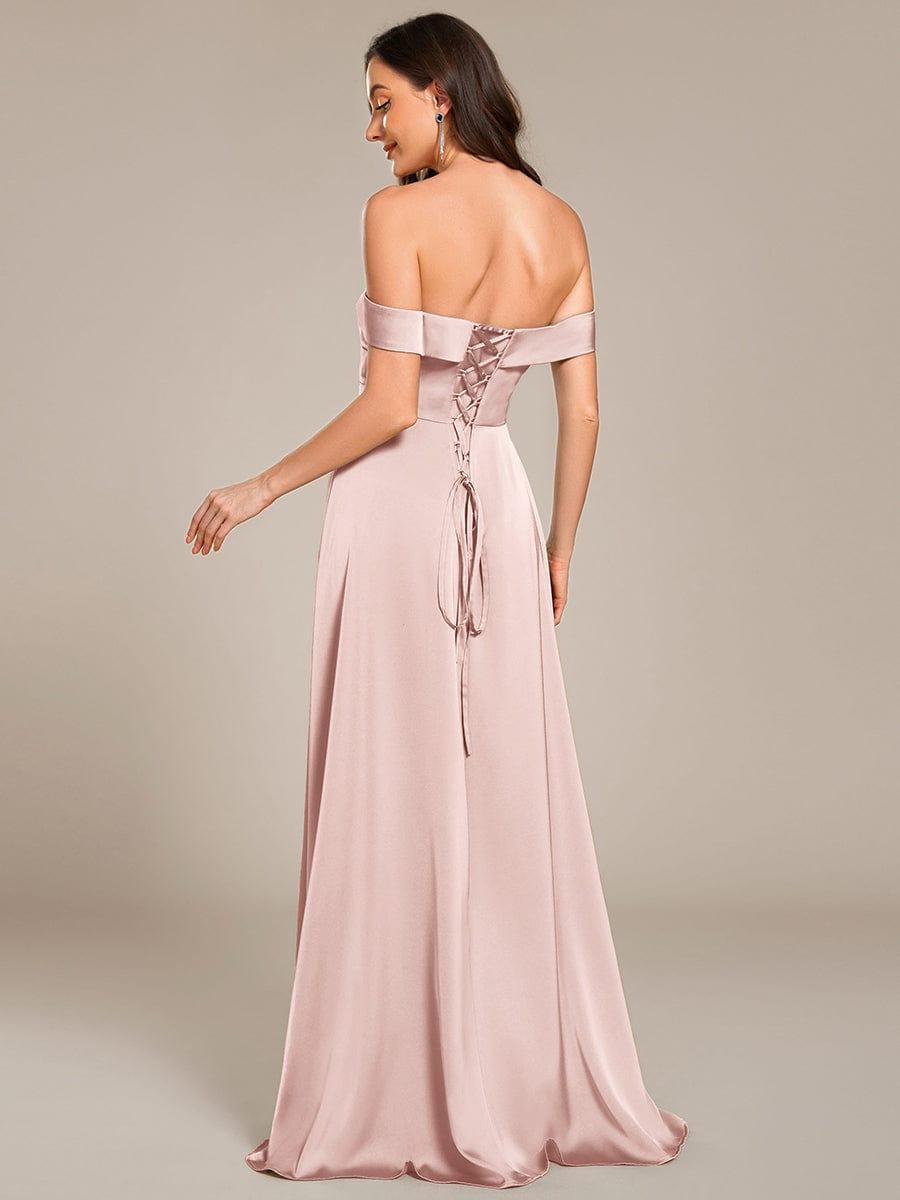 Off Shoulder Ruched Lace-up Back Satin Bridesmaid Dress #color_Pink
